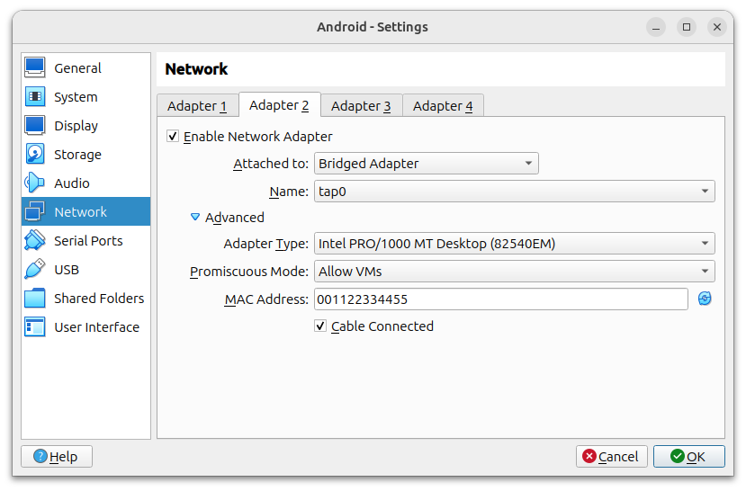 VirtualBox network settings with tap0 adapter configured in bridged mode.